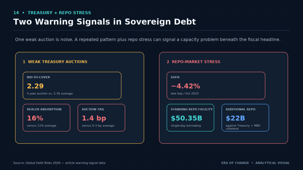 Two sovereign-debt warning signals: weak Treasury auctions and repo stress