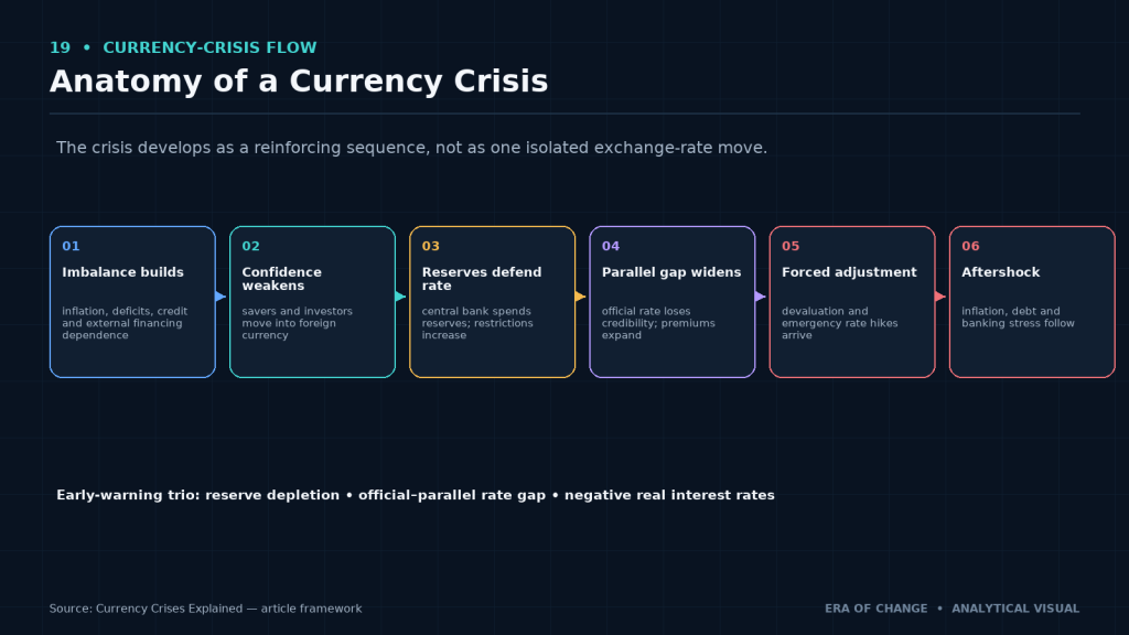 Currency crisis anatomy: imbalances, reserve defense, parallel gap, devaluation and aftershock