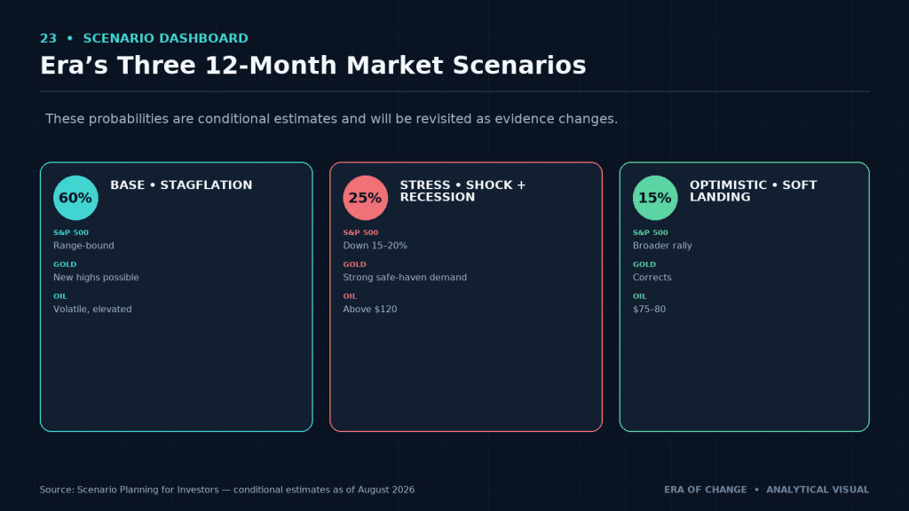Three 12-month market scenarios with probabilities: stagflation, stress and soft landing