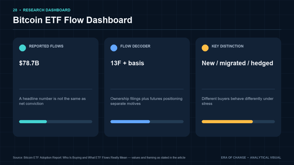 Bitcoin ETF flow dashboard: reported flows, basis data and buyer distinctions