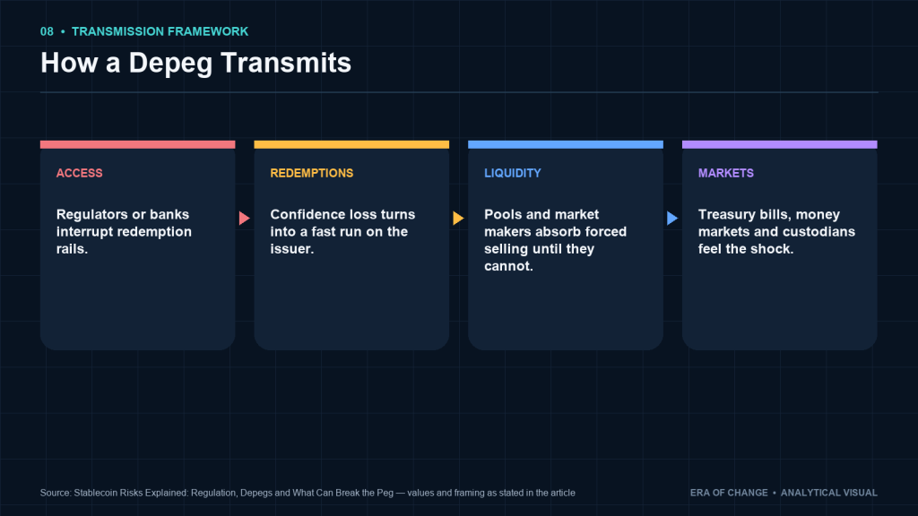 How a depeg transmits from access and redemptions into liquidity and markets