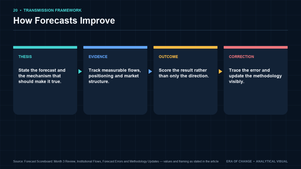 Forecast feedback loop: thesis, evidence, outcome and visible correction