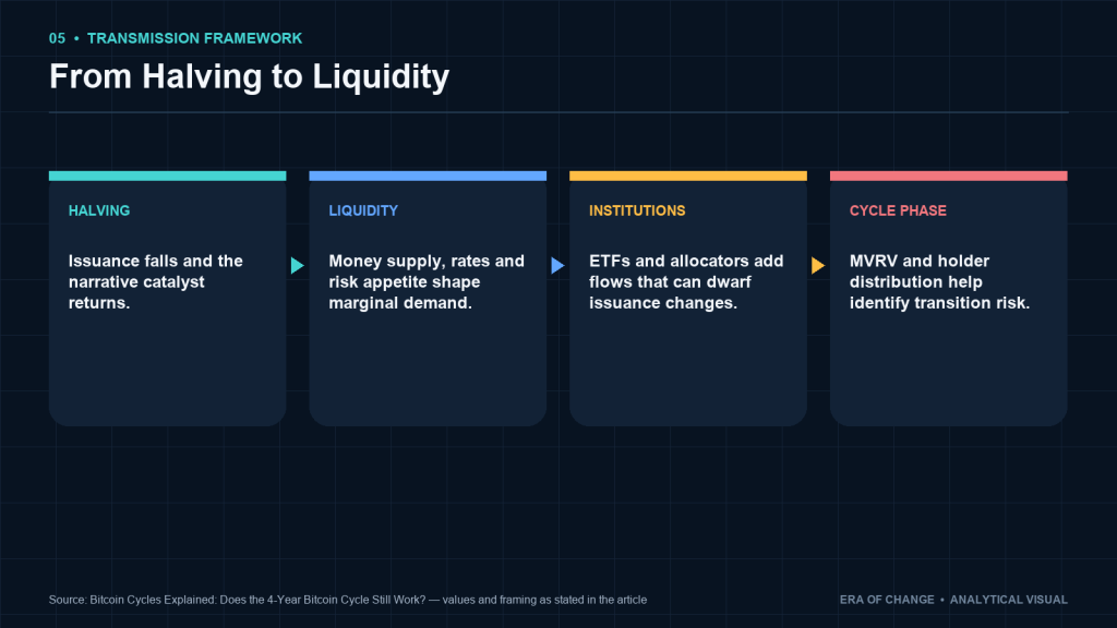 From halving to liquidity: issuance, macro flows, institutions and cycle phase