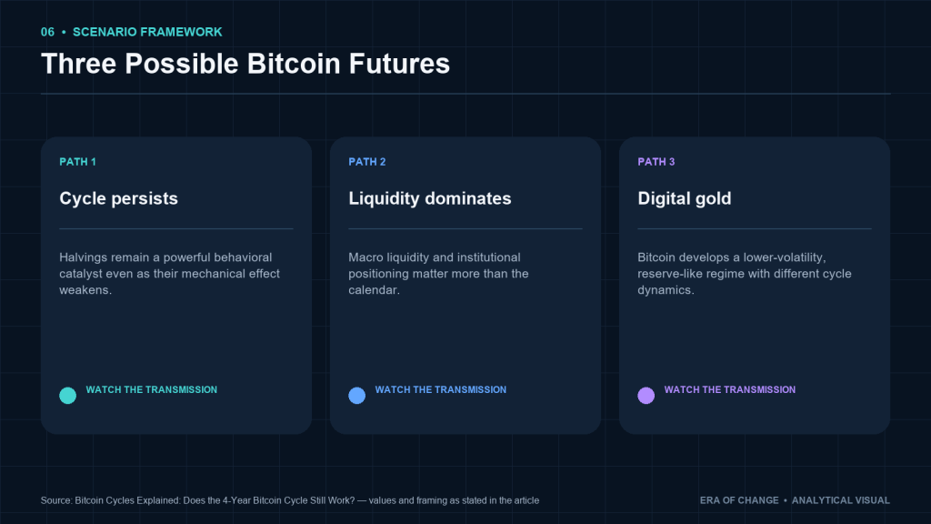 Three possible Bitcoin futures: persistent cycle, liquidity dominance and digital gold