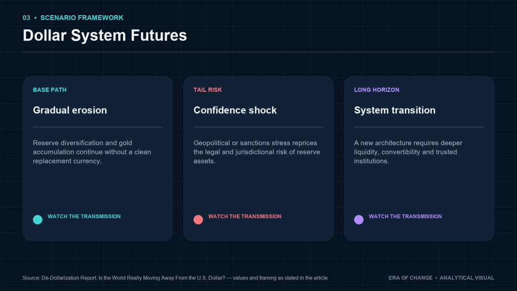Dollar system futures: gradual erosion, confidence shock and long-horizon transition