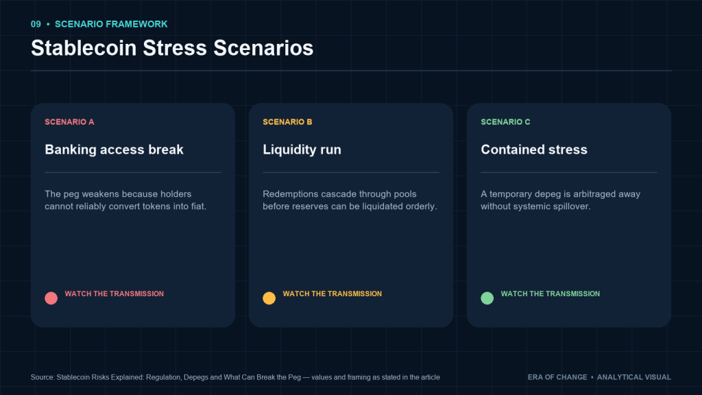 Stablecoin stress scenarios: banking access break, liquidity run and contained stress