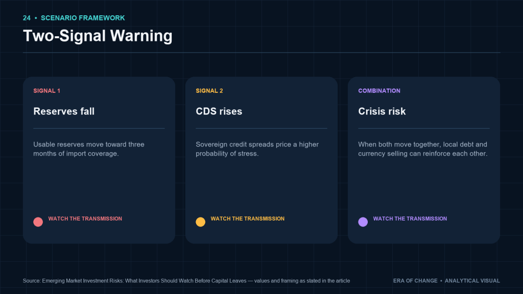 Two-signal warning: falling reserves plus rising sovereign CDS